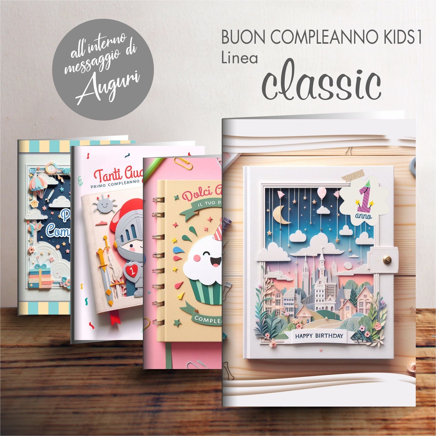 BIGLIETTI AGURALI 1o COMPLEANNO CN1224Y00 12pz 4 Soggetti