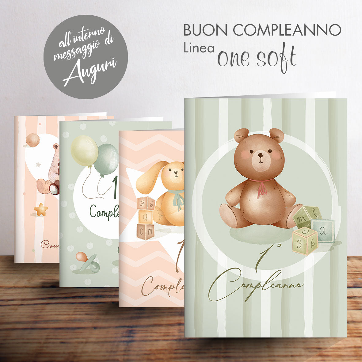 BIGLIETTI AGURALI 1o COMPLEANNO BC1223L00 12pz 4 Soggetti