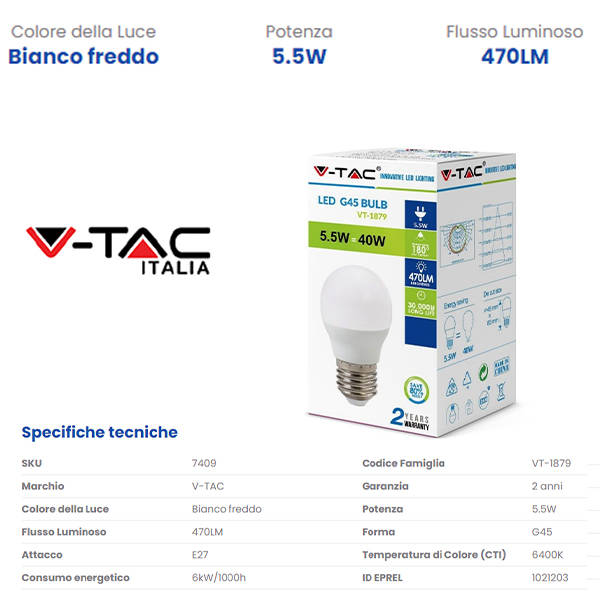 V-TAC E27 5,5W 6400K 7409-1879 - tobacconist