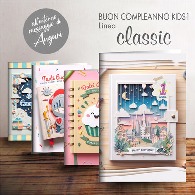 BIGLIETTI AGURALI 1o COMPLEANNO CN1224Y00 12pz 4 Soggetti