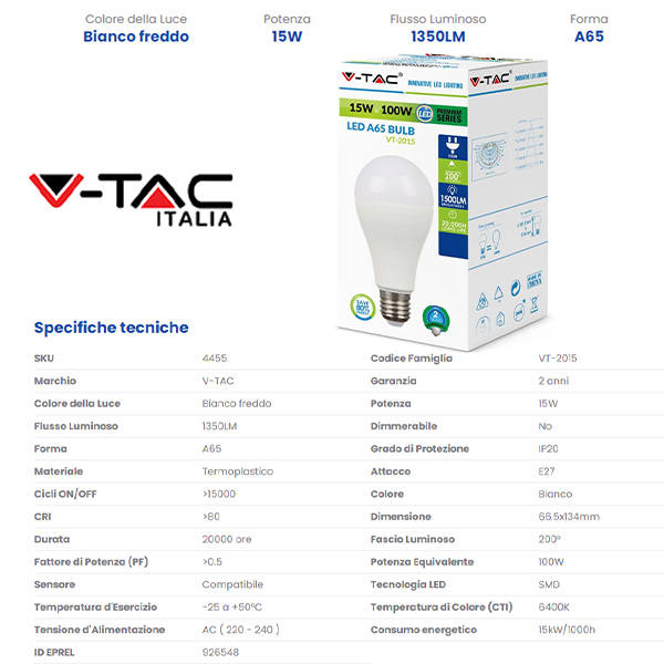 V-TAC E27 15w BULB 6400K 4455-2015 - tobacconist