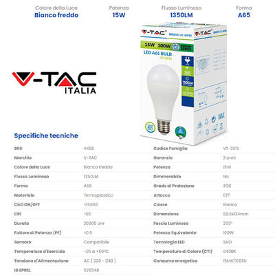 V-TAC E27 15w BULB 6400K 4455-2015 - tobacconist