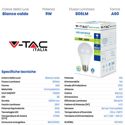 V-TAC E27 9W BULB 2700K 7260-2099 - tobacconist