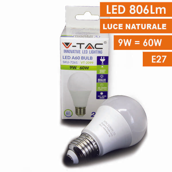 V-TAC LED 9w BULB E27 4000K 7261-2099 - tobacconist