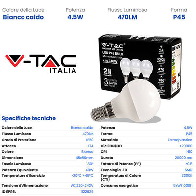 VTAC E14 4,5w 3000K 3pz 217357-2156 - tobacconist