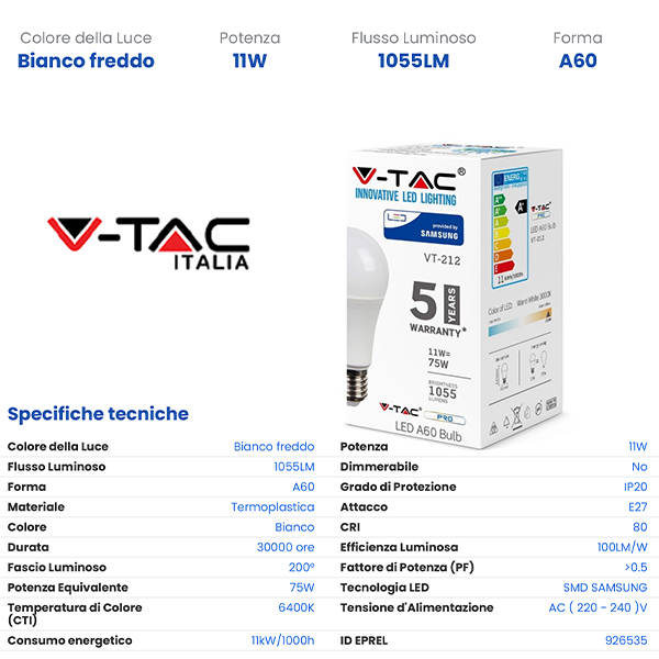 V-TAC E27 11w 6400K 233-212 - tobacconist