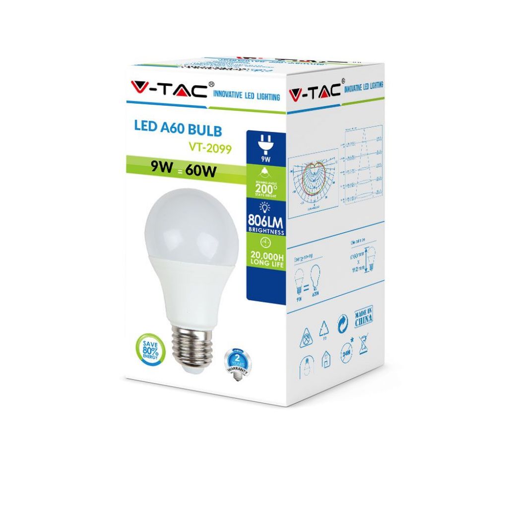 V-TAC LED 8.5W BULB 6500K E27 7262-2099 - tobacconist